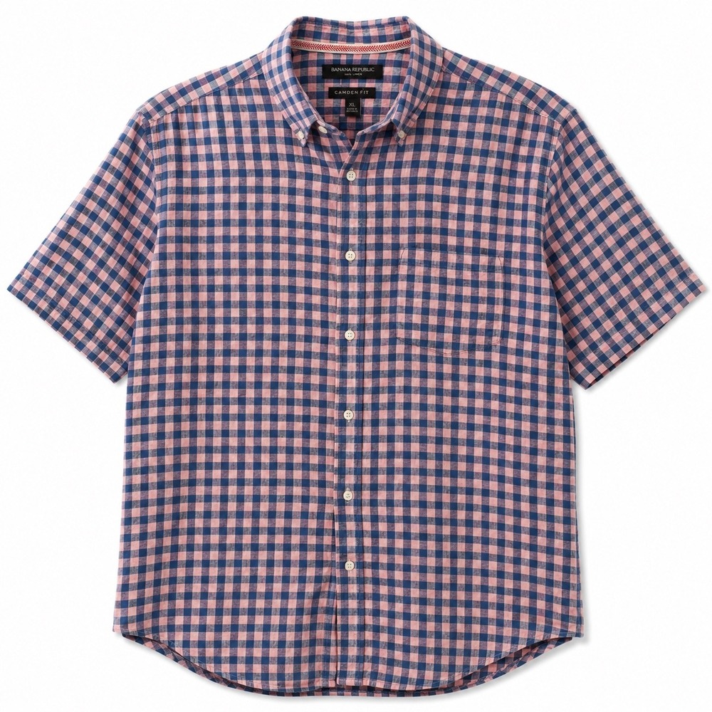 Banana Republic Camden Fit 100% Linen Pink Blue Gingham Plaid Button Shirt XL
